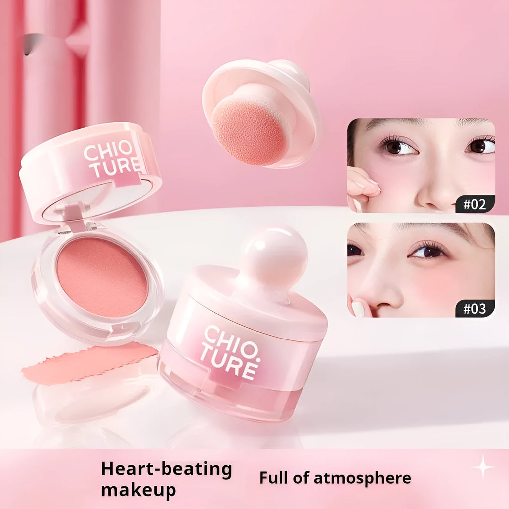 Can powder blusher mud in four nude shimmer shades with swelling contractive formula