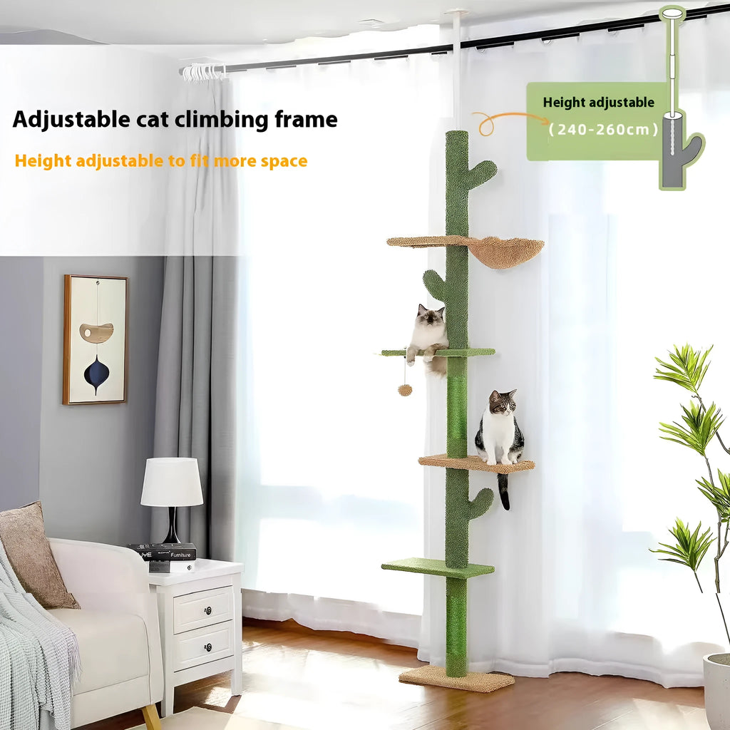 Tall solid wood cat climbing frame with integrated cat nest, platforms, and a scratch board.