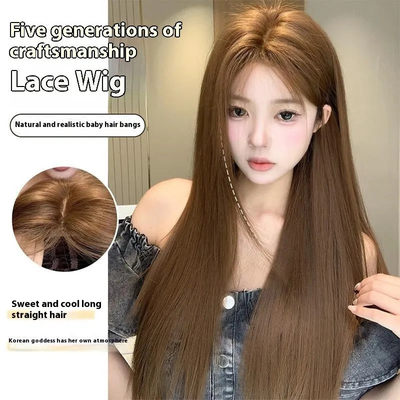 Warm brown long straight wig with centre-parted bangs and forehead lace hair net