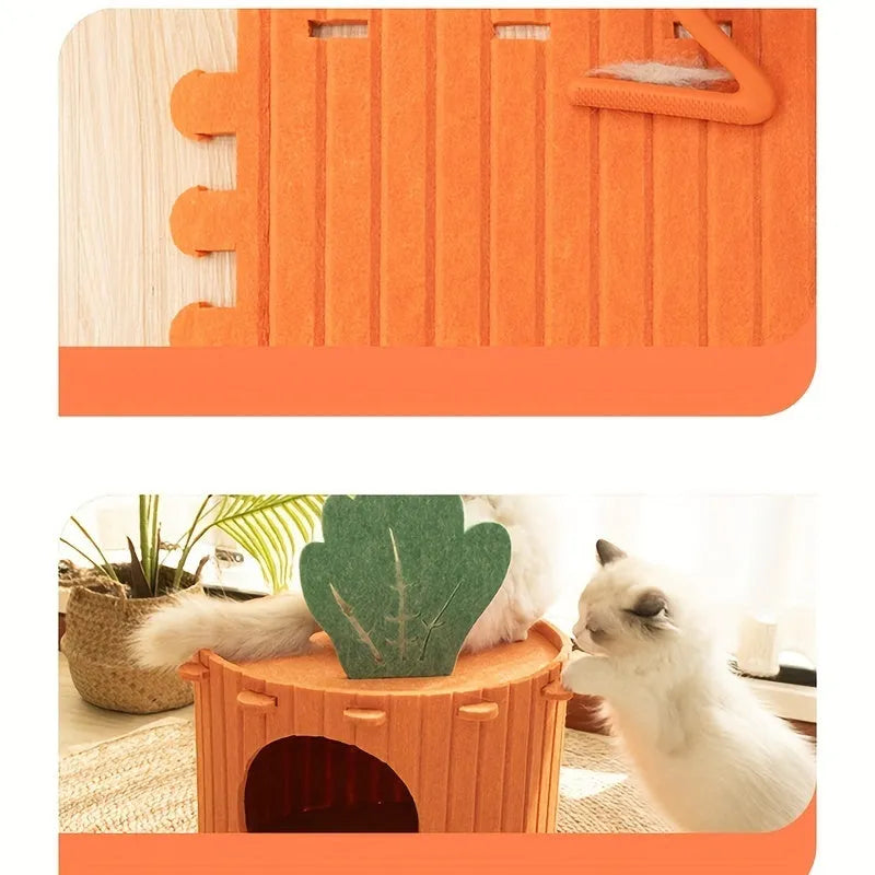 Natural felt semi-enclosed cat nest with drilled holes available in M and L sizes