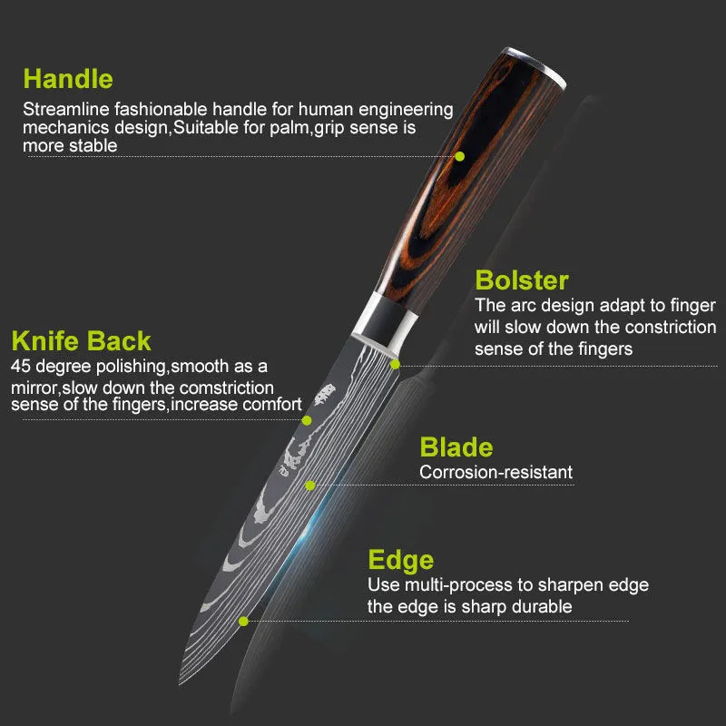 7CR17 Damascus steel chef knife with colour steel handle, 18cm blade