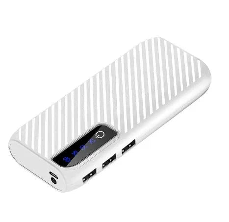 20000mAh mini portable power bank in black showing dual USB outputs and compact size