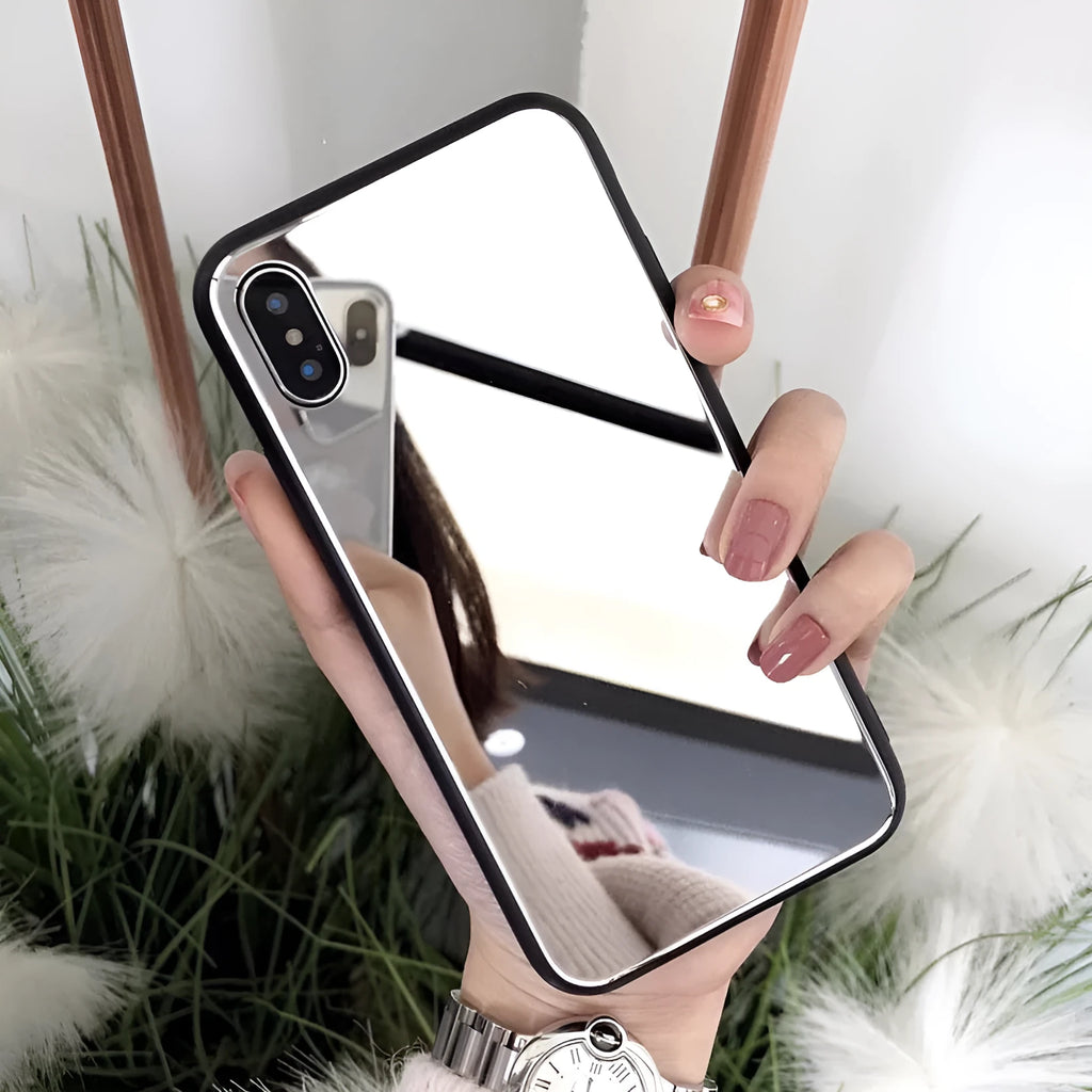 Black iPhone back cover case with a built-in mirror on the rear, compatible with multiple iPhone models.