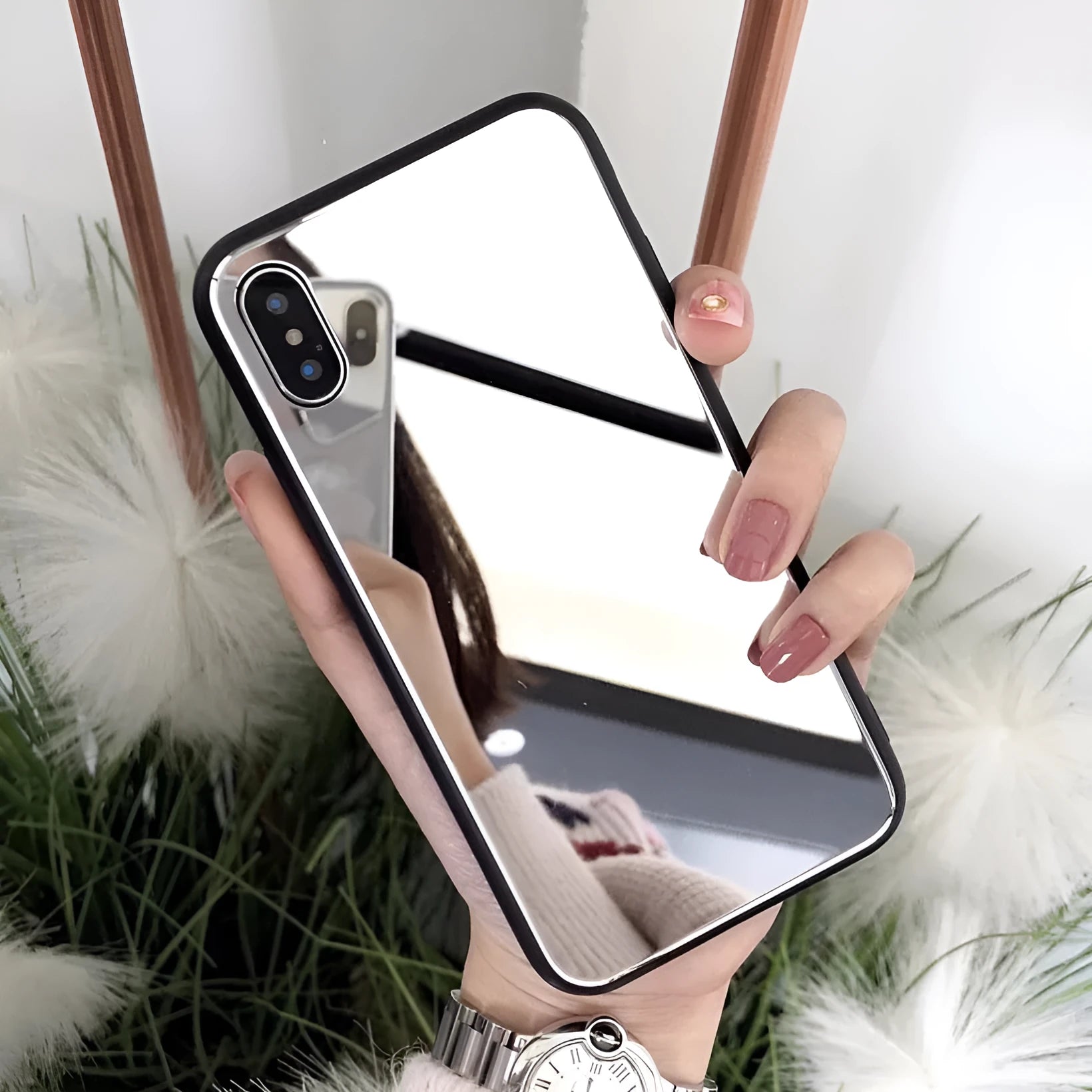 Black iPhone back cover case with a built-in mirror on the rear, compatible with multiple iPhone models.