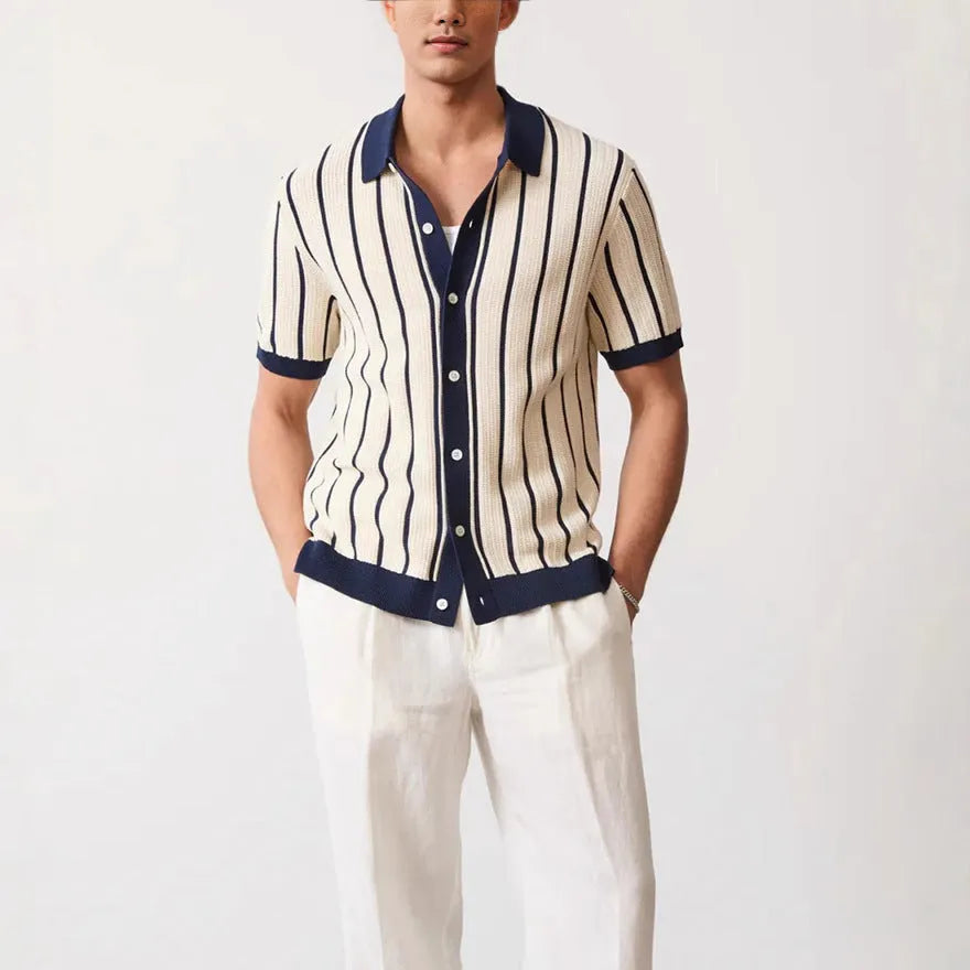 Men's white lapel collar knitted shirt with asymmetric hem design