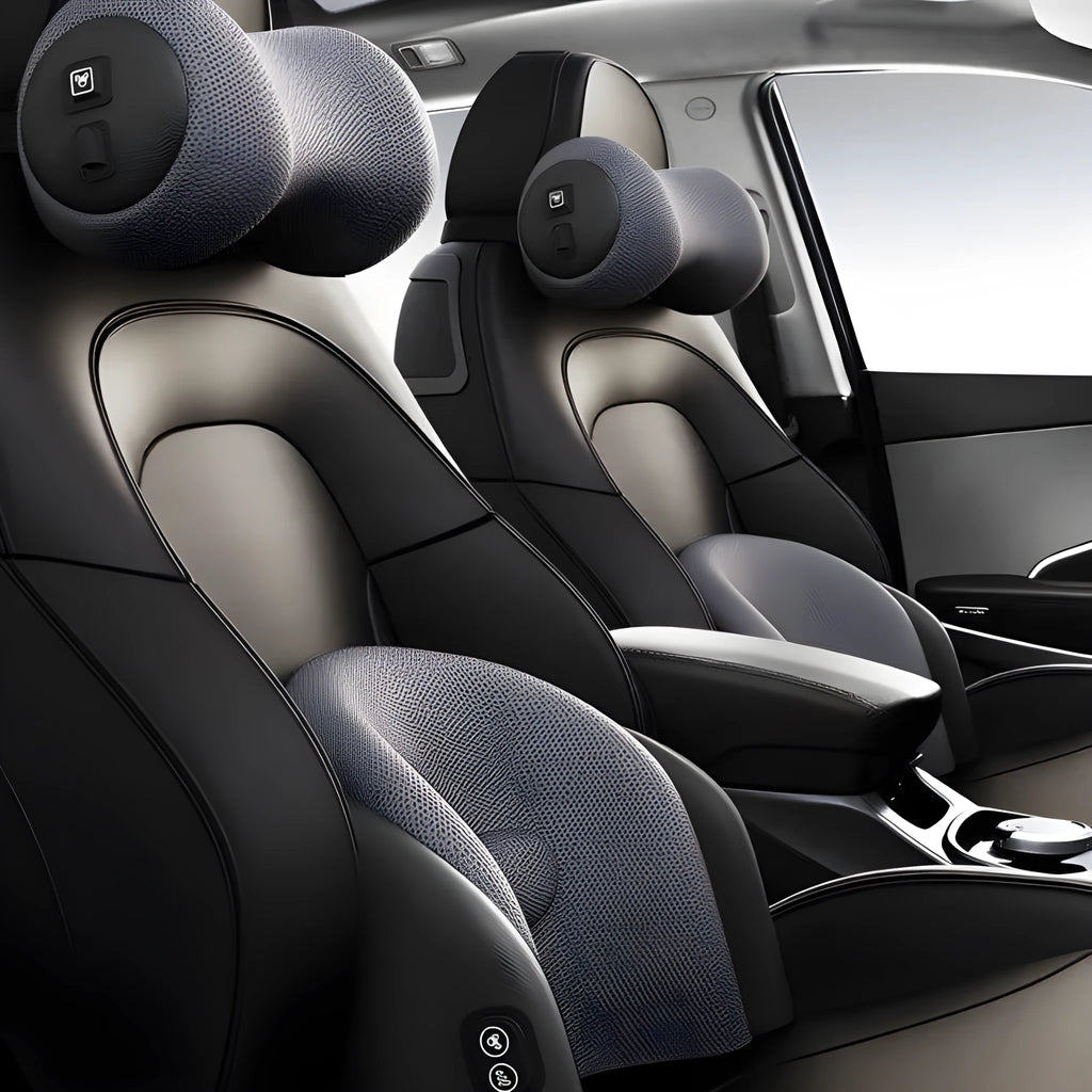 Car seat massage cushion with memory cotton construction and electric massage function for headrest and lumbar support