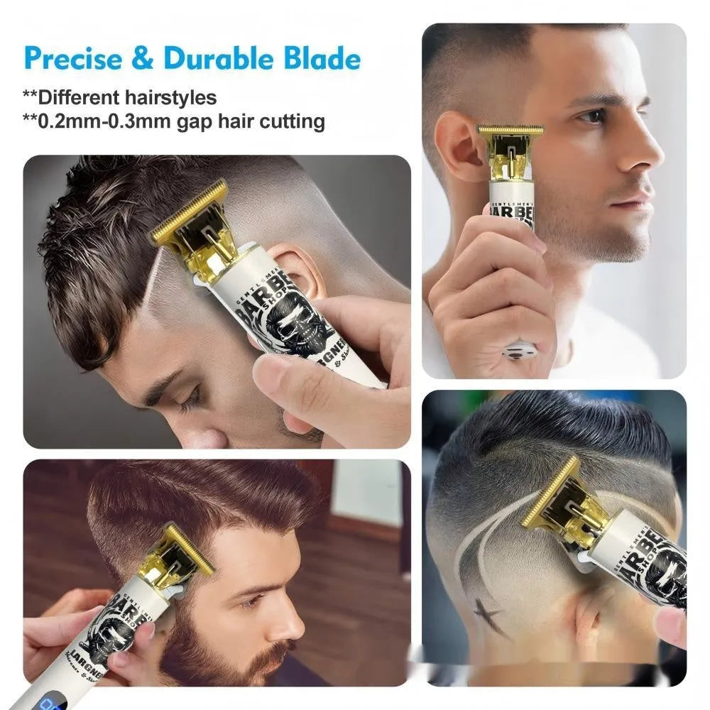 Rechargeable hair clipper with USB cable and set of four stainless steel cutter heads on a white background