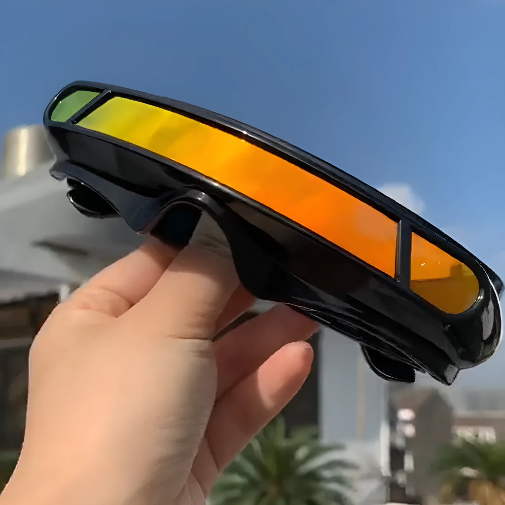 Black frame polarised sports sunglasses with a choice of grey, red mercury, or blue mercury lenses.