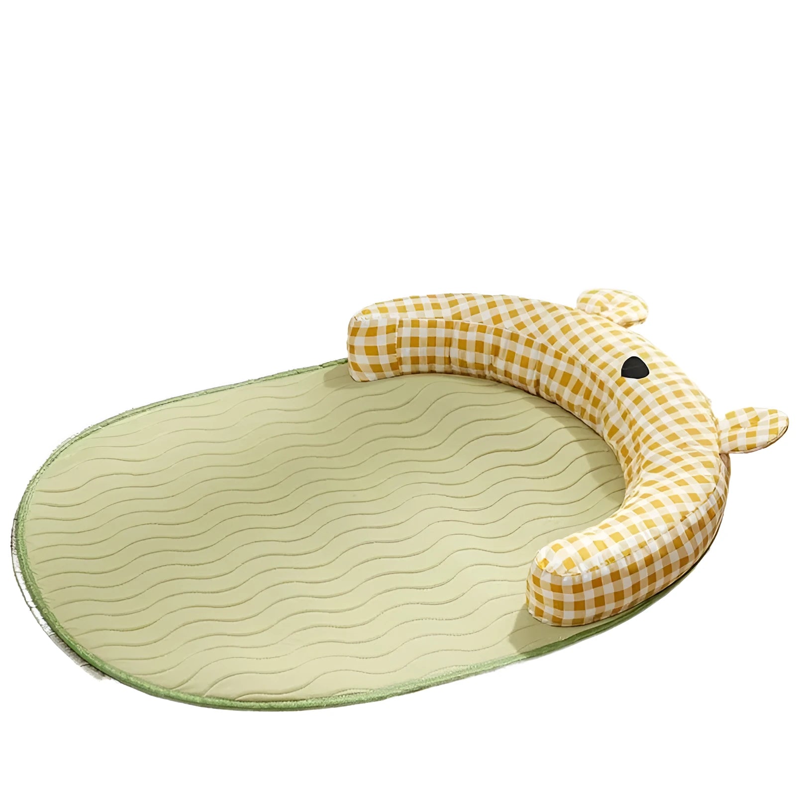 Green reversible dog mat showing cooling gel side and fleece side, with size options S, M, L, XL.