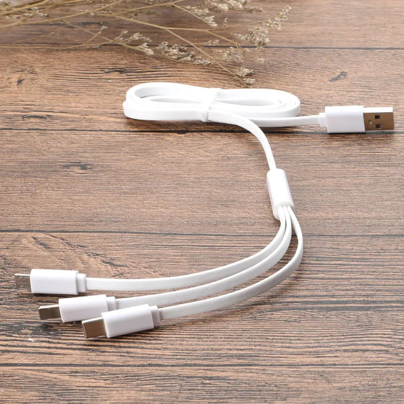 Three-in-one data cable 1m noodles style one for three in black or white, split connector for multiple devices.