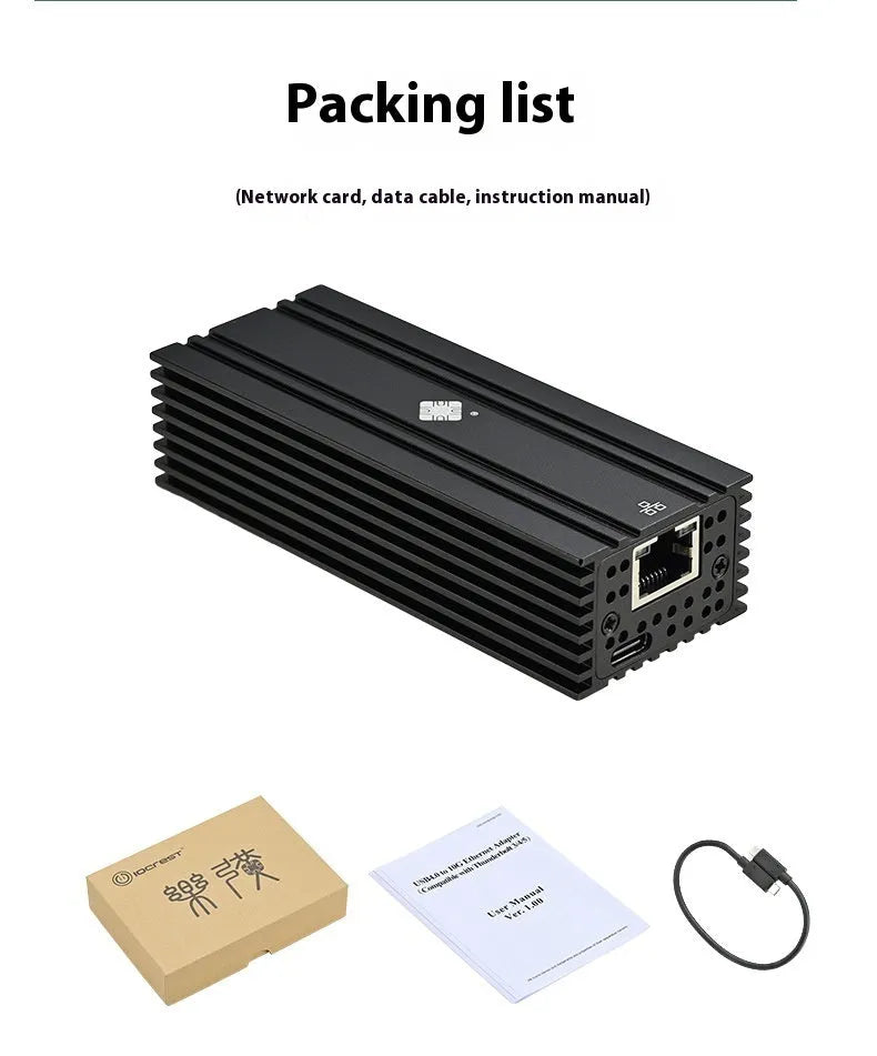 Black USB4 10G Ethernet network adapter with RJ45 port and 20cm cable.