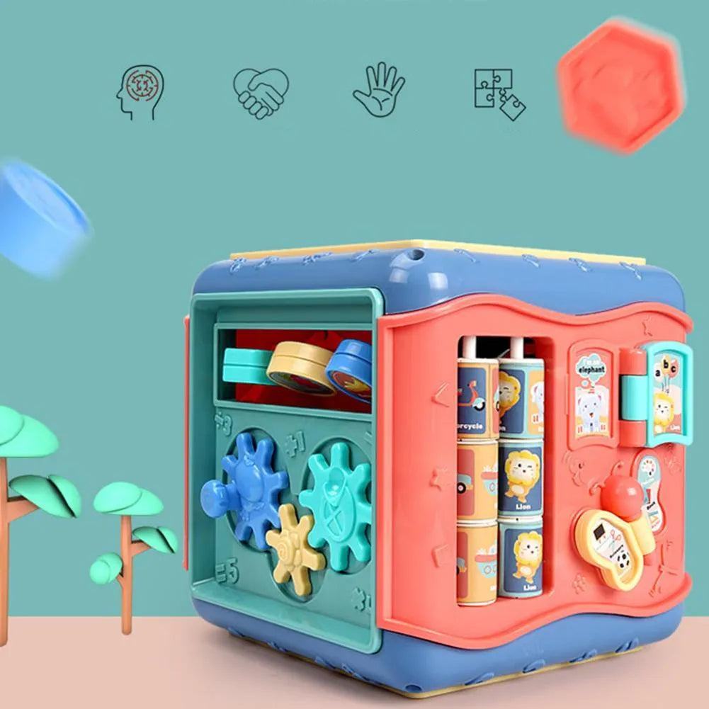 Baby hexahedron educational toy with six activity sides including bead maze and gear games