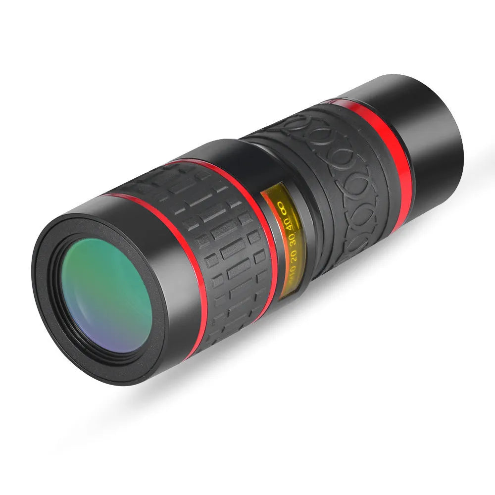 20x magnification smartphone telescope attachment with universal clip and lens case on a mobile phone.