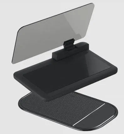 Gray car smartphone navigation holder with organic glass projection panel on instrument panel