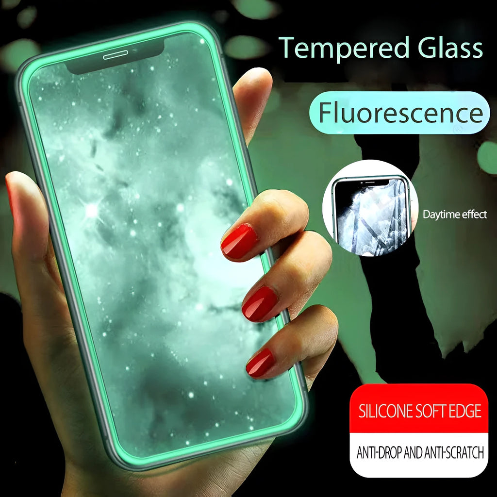 Luminous tempered glass screen protector glowing in the dark next to an iPhone.