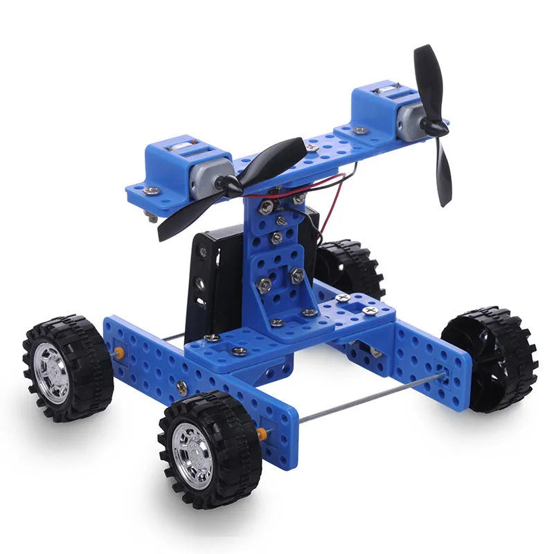 Blue DIY model toy wind car, ordinary wheel No. 35, physics experiment kit for ages 7 to 12