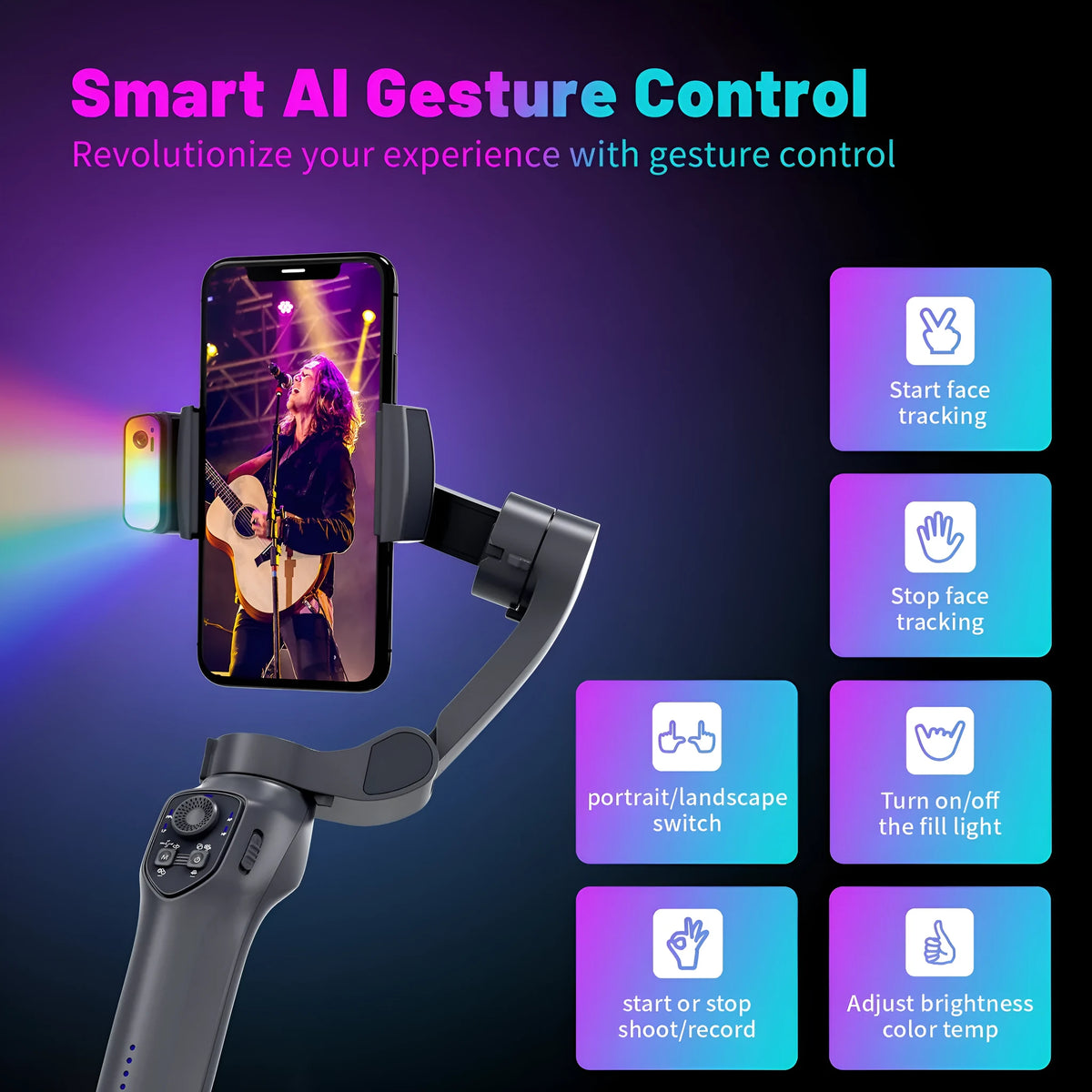 Foldable handheld video stabiliser head in L7Cpro gun colour with USB charging port
