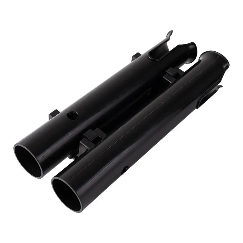 Motorcycle fishing rod rack with double-layer plastic construction and adjustable pipe clamp mounting system