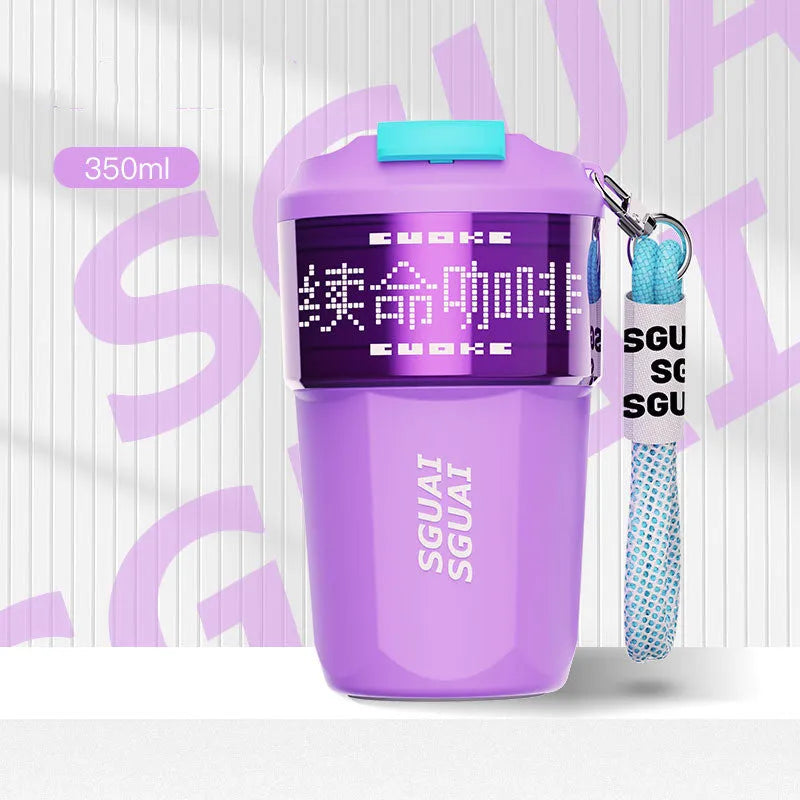 Small stainless steel portable coffee cup in Japanese style, shown in blue, grey, orange, purple, and white colour options.