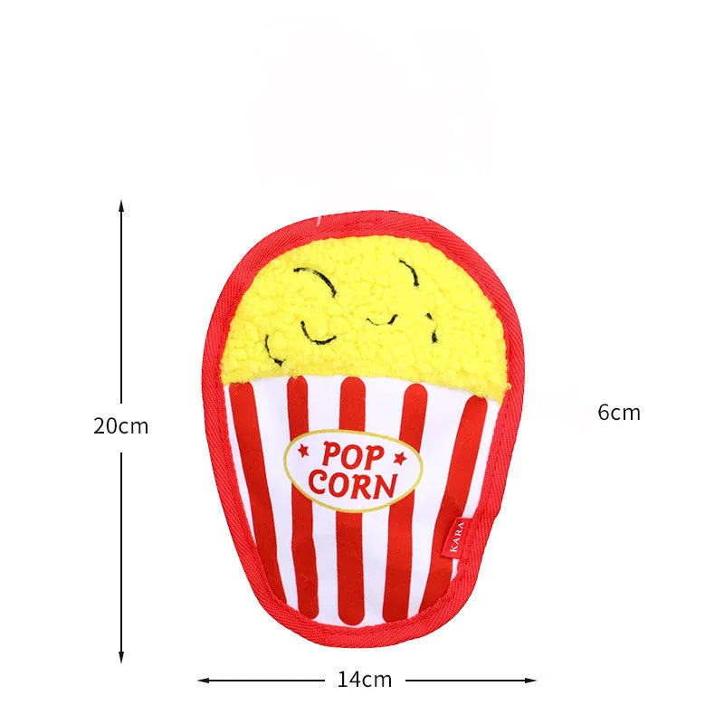 Food-shaped dog toy with crinkle and squeak features in hamburger, fries, hot dog, and pizza designs