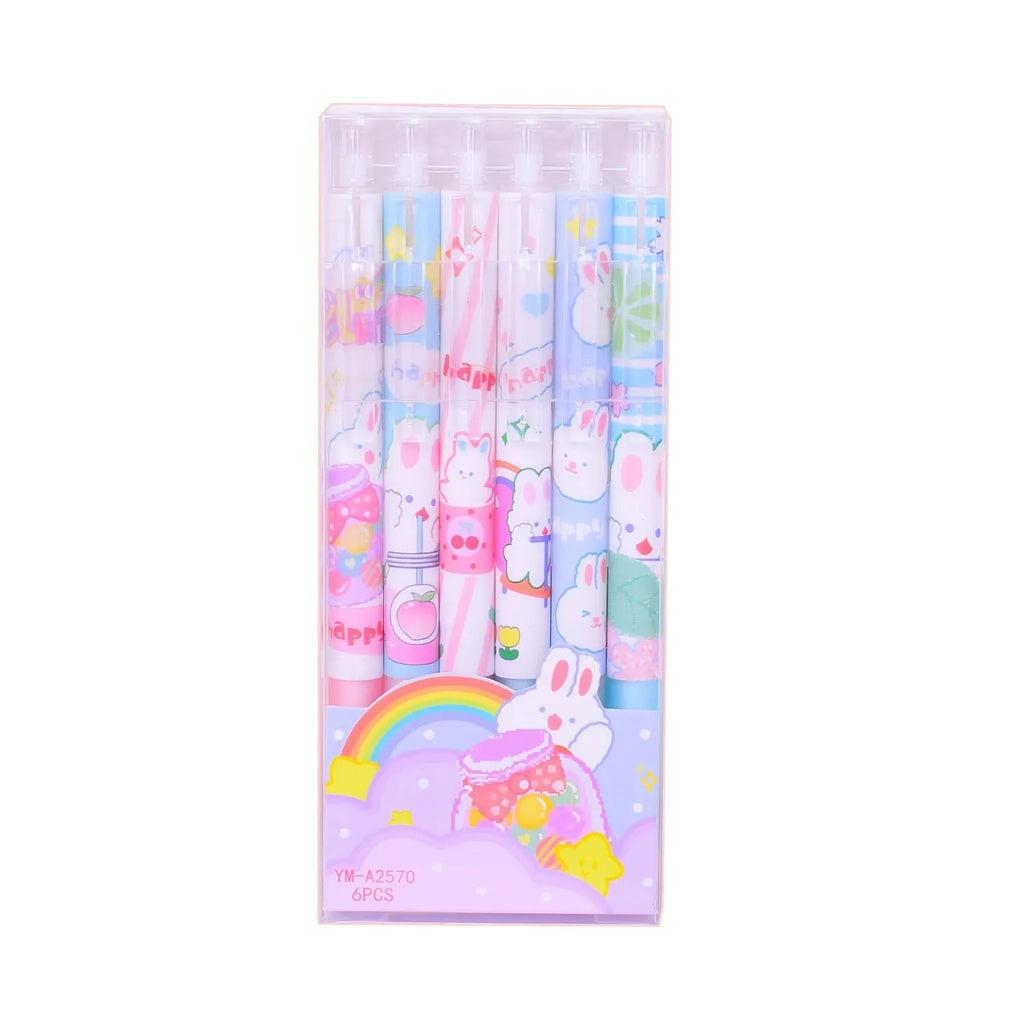 Six Cartoon Bunny brand black plastic pens with 0.5mm tips laid out from their box.