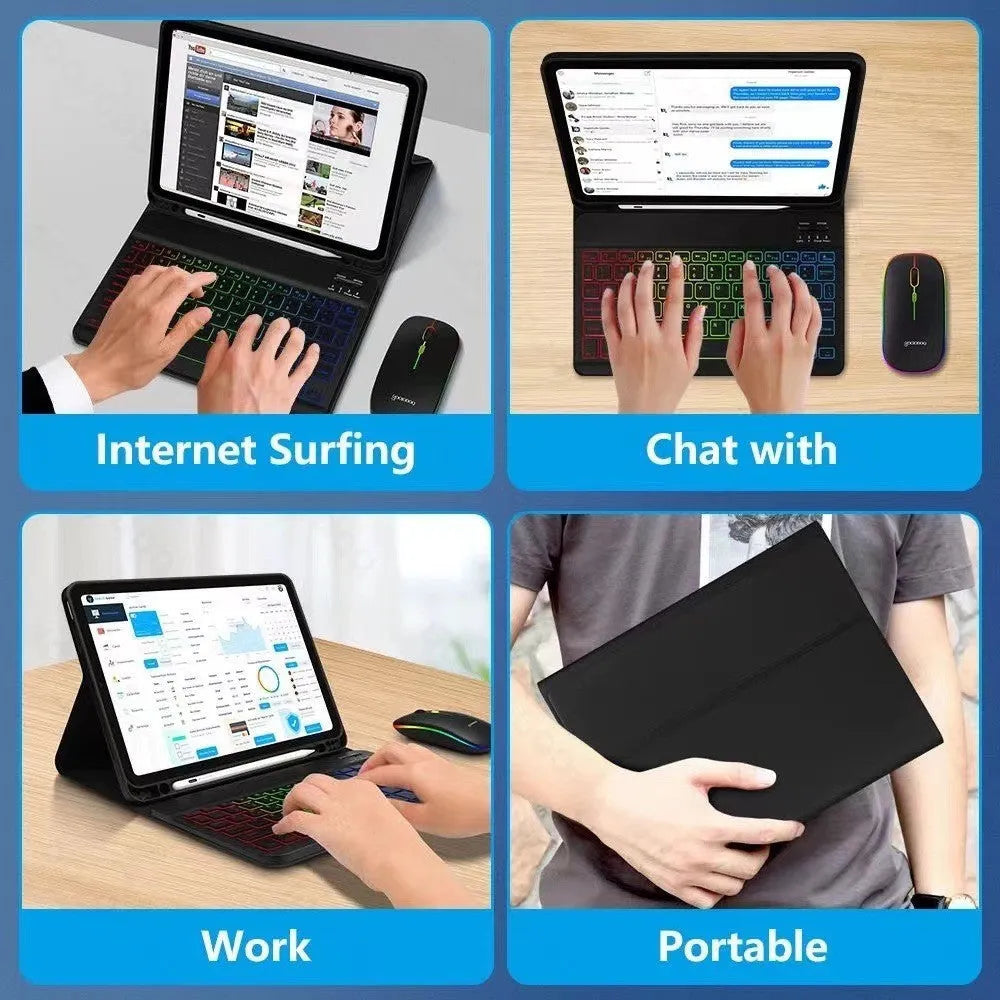 Colourful iPad protective case with luminous RGB backlit Bluetooth keyboard and mouse on a desk