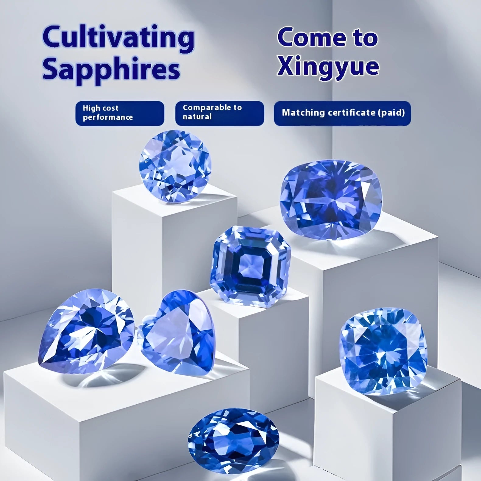 Royal blue love-shaped tiara cultivation gemstone in heart, round, and pear shapes on a jeweller's cloth.