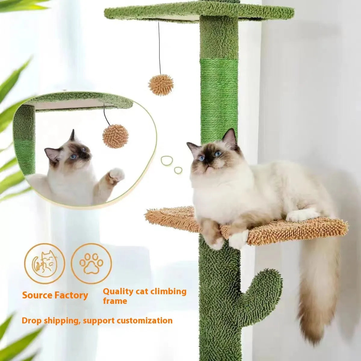 Tall solid wood cat climbing frame with integrated cat nest, platforms, and a scratch board.