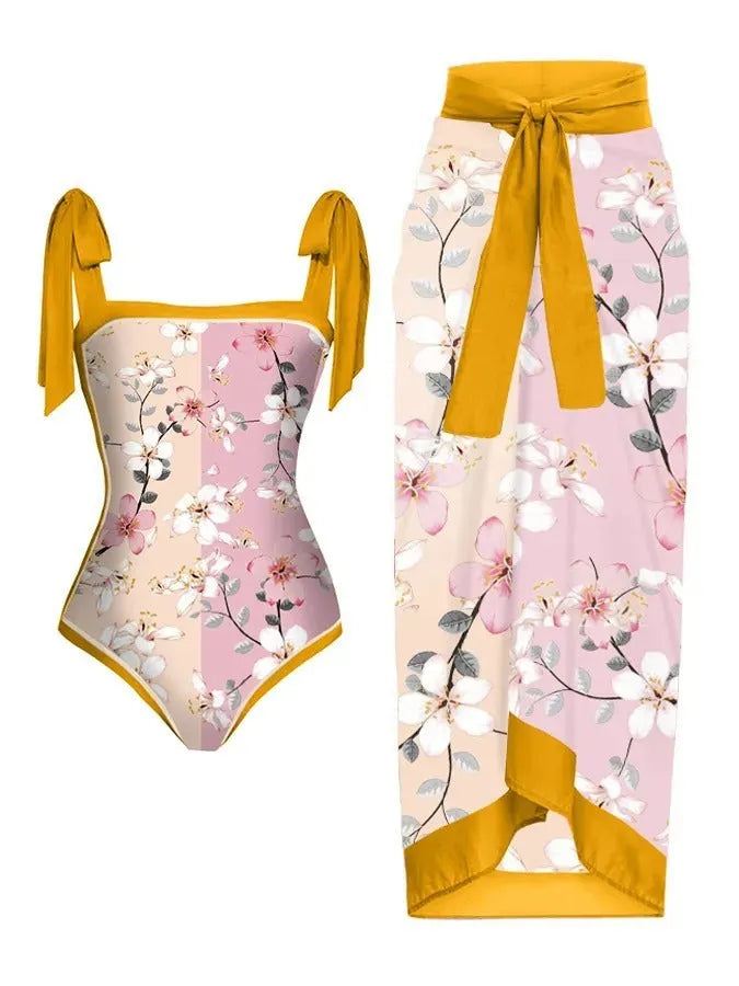 Women's printed chiffon two-piece swimsuit with matching skirt in floral pattern