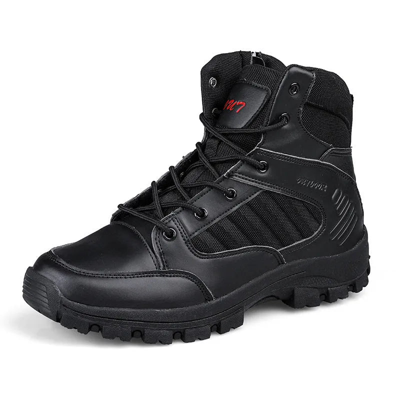 Men's high-top hiking shoes in black camouflage with metal accents on artificial PU upper.