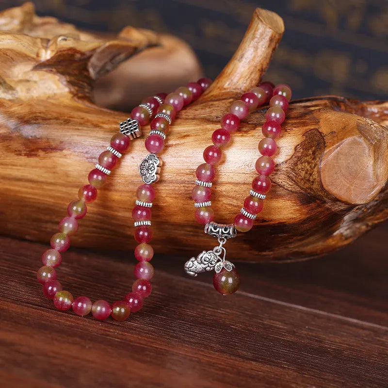 Handmade natural watermelon crystal bracelet with Chinese knot design and geometric beads