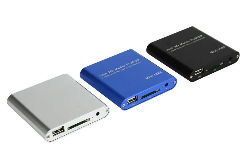 Compact black 1080P media player with HDMI USB SD ports and metal casing