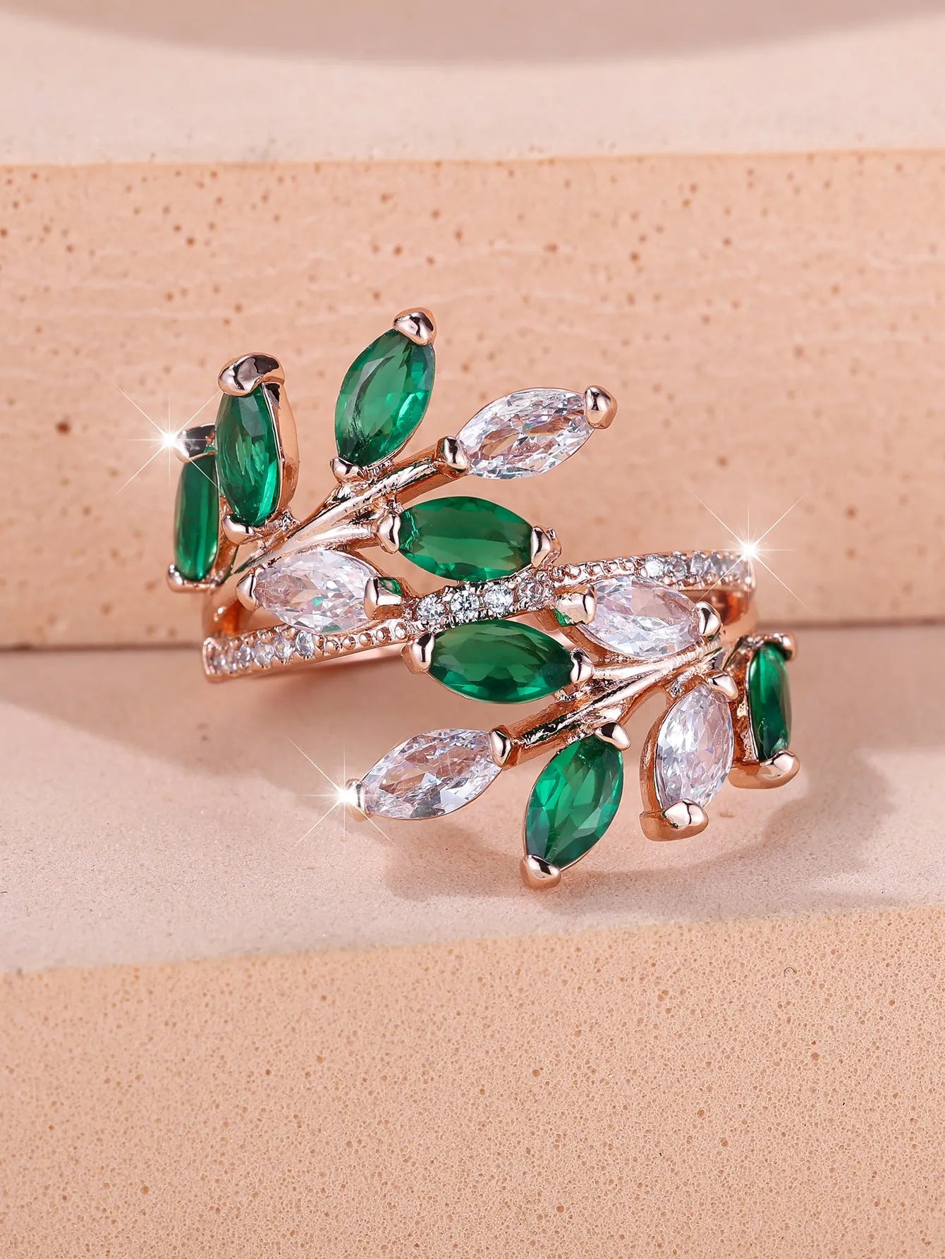 Adjustable copper leaf ring with zircon accents in multiple colour finishes including platinum white and rose gold
