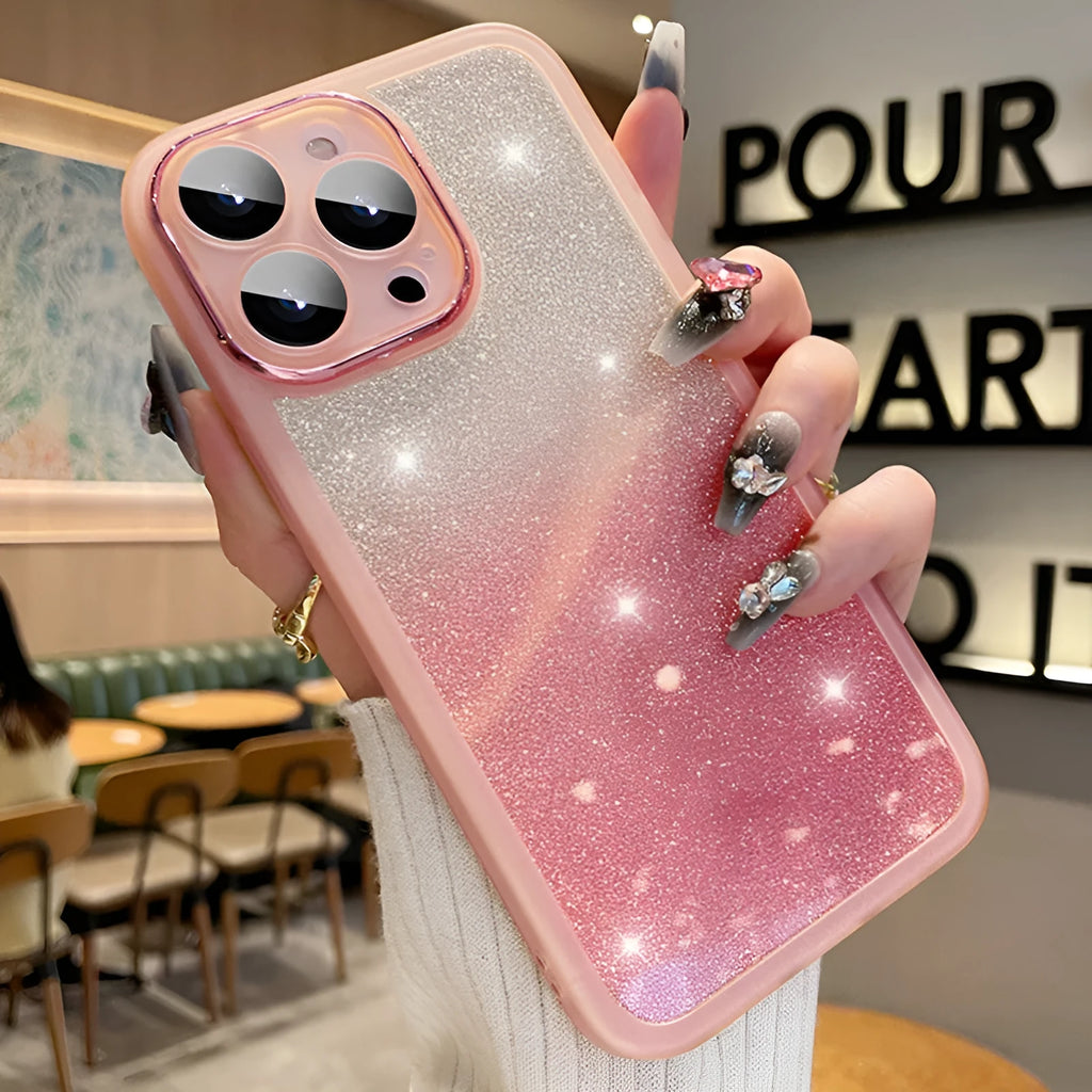 Transparent glitter gradient iPhone case with magnetic suction on a smartphone.