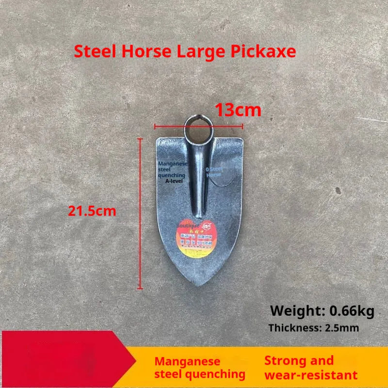 Flat agricultural pointed hoe with a steel horse tip, made from manganese and stainless steel.