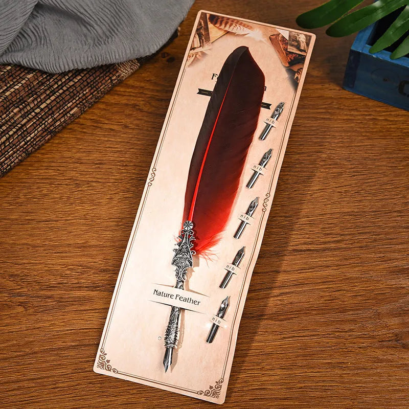 Vintage feather dip pen in 10 colours with zinc alloy construction and 30cm length