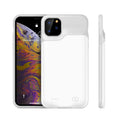 Shockproof silicone battery charging case for iPhone in black, blue, pink, or white colours.