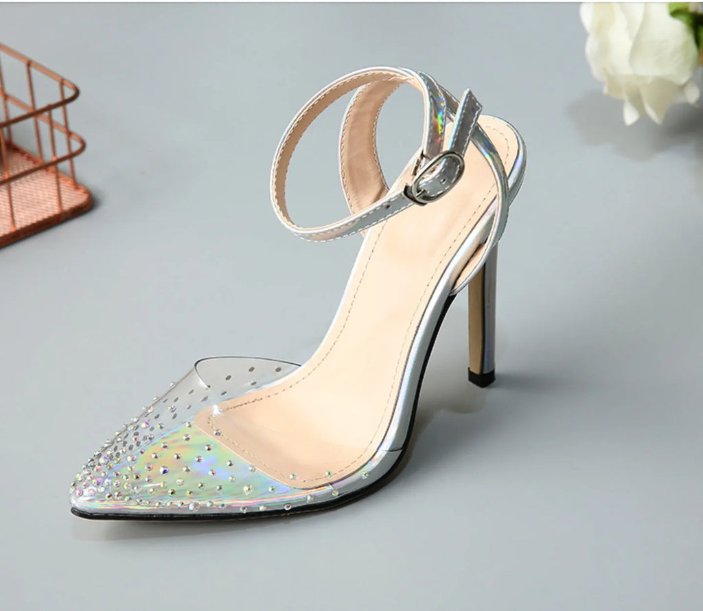 Women's pointed toe diamond sandals with a stiletto heel on a white background.