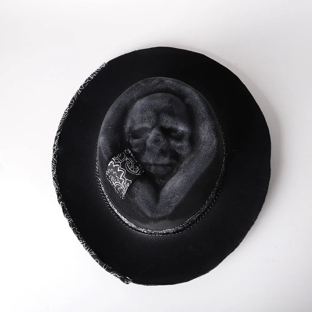 Handmade wool skull hat with conical crown design in Halloween style
