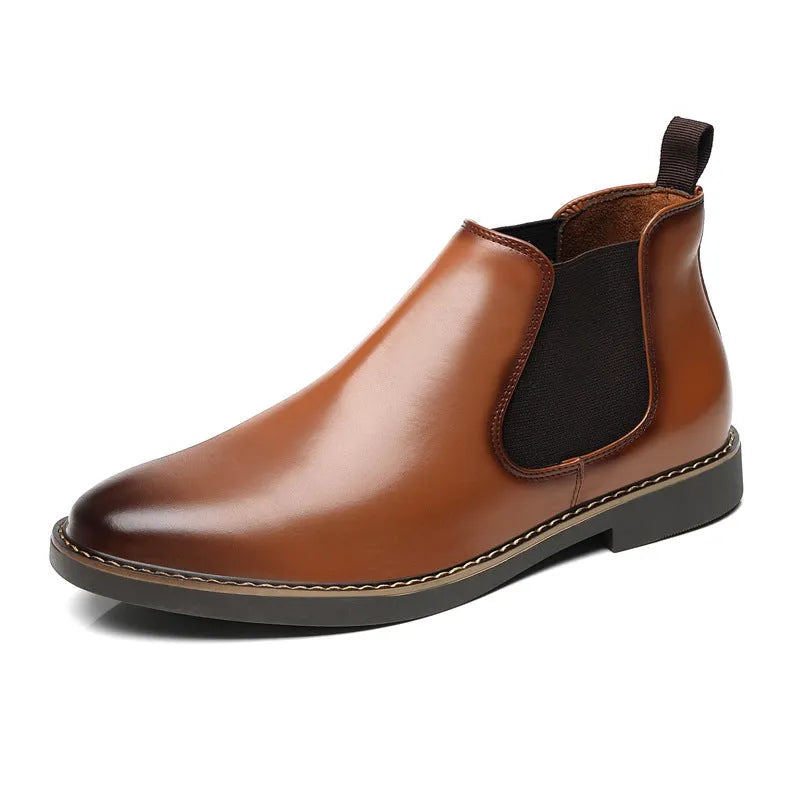 Formal pointed-toe leather boots with square heel in black and brown colour options