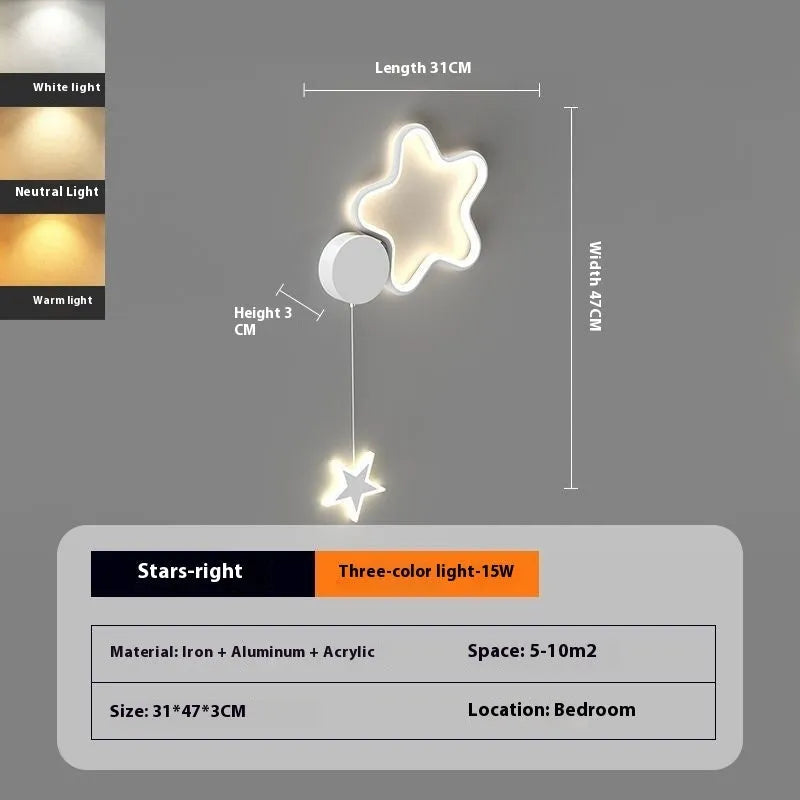 Cartoon cloud, moon and five-pointed star shaped bedside wall lamp for a children's bedroom in black or white.