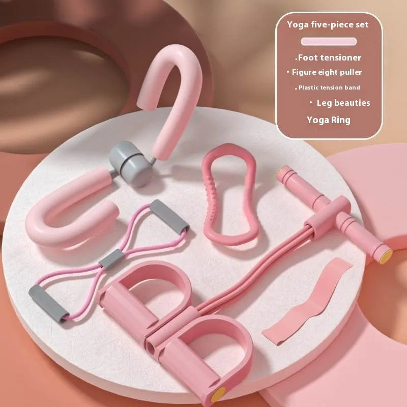 Yoga four-piece fitness set showing leg beauty device, chest expander, yoga ring, and tension rope.