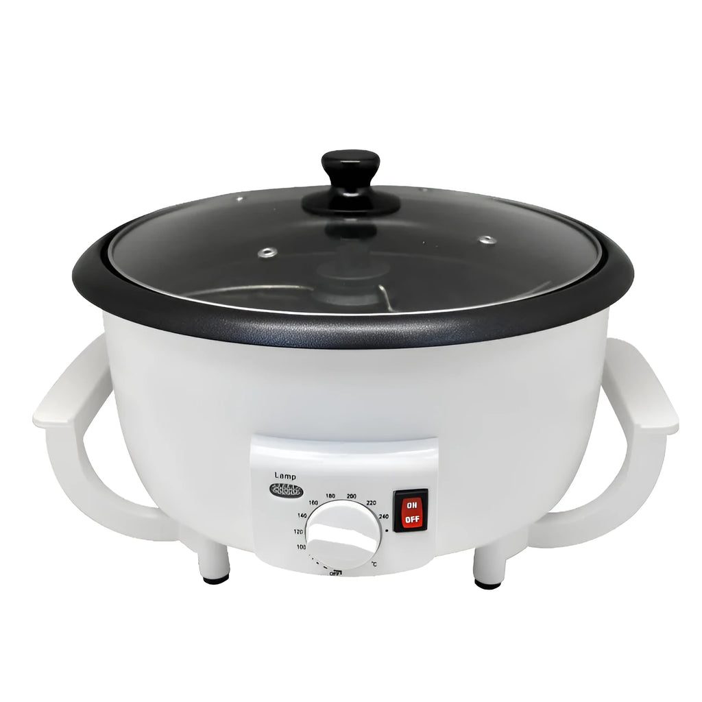 White oblate coffee roasting machine with 750g capacity and 225mm base diameter
