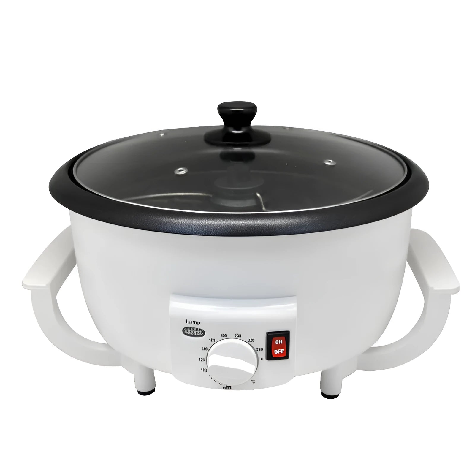 White oblate coffee roasting machine with 750g capacity and 225mm base diameter