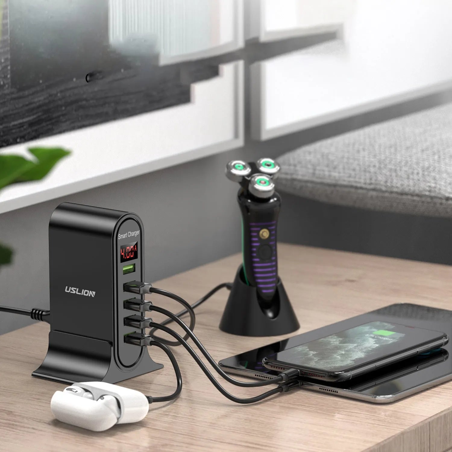 Smart LED digital display USB charger showing voltage parameters with multiple plug style options