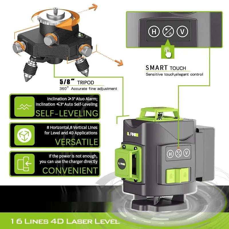 16-line green laser level with compact black housing showing multiple laser projections for alignment