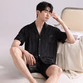Men's lightweight ice silk pyjama set in cardigan style with shorts, showing satin jacquard pattern options
