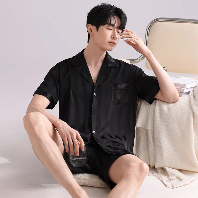 Men's lightweight ice silk pyjama set in cardigan style with shorts, showing satin jacquard pattern options