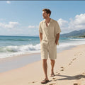 Linen leisure suit with short sleeve shirt and matching shorts in hemp blend fabric