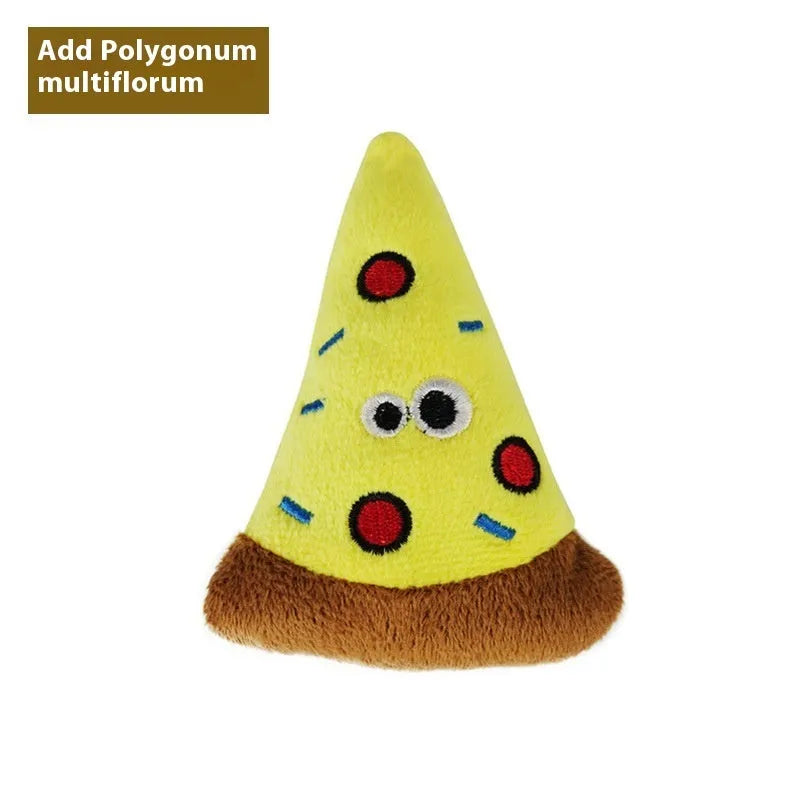 Plush polygonum multiflorum catnip chew pillow toy in food shapes like burrito and pizza.